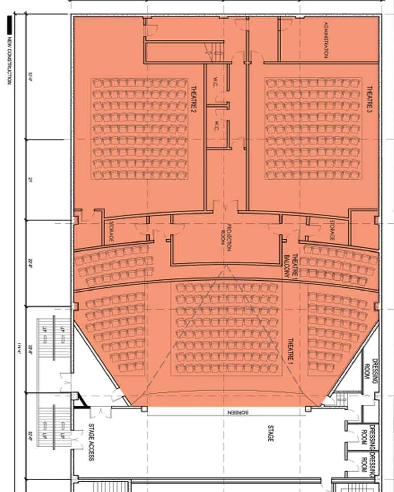 Floor plan of the renovated Civic Theatre showing three theatres and a balcony