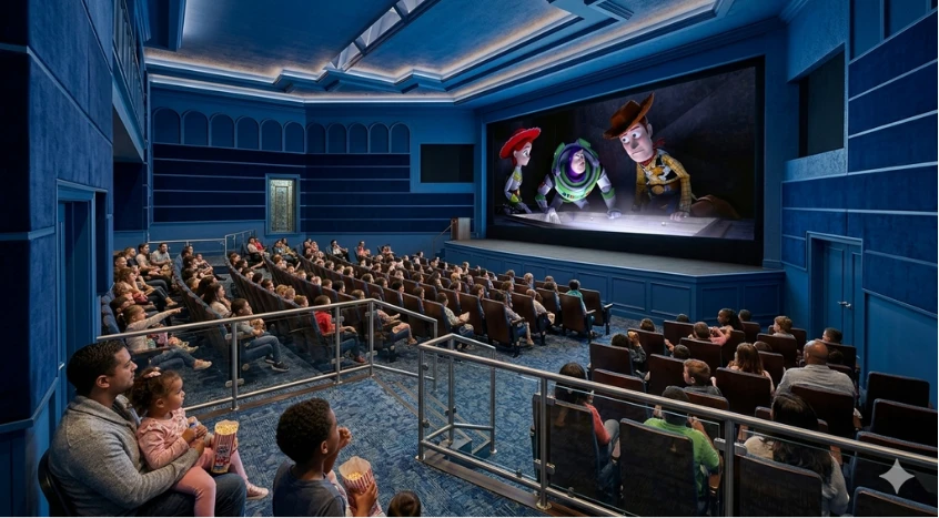 Visualization of a full auditorium with families watching a film