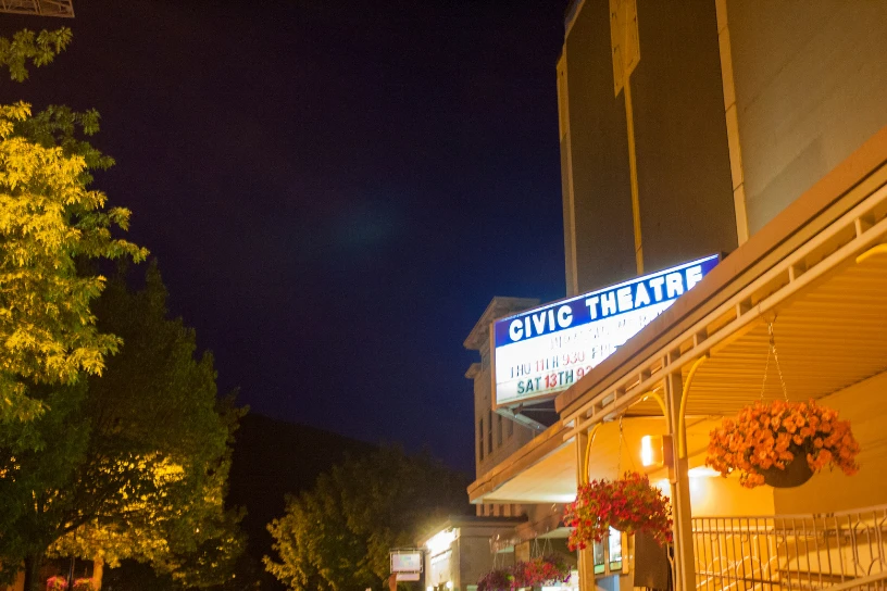 The Civic Theatre’s illuminated marquee and entrance at night