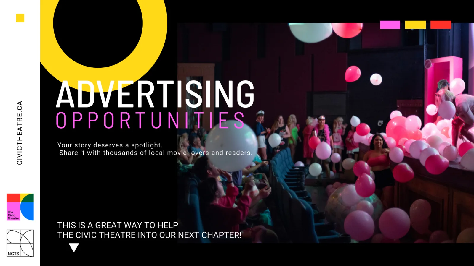 Cover of the Civic Spotlight advertising kit: an audience under pink and white balloons